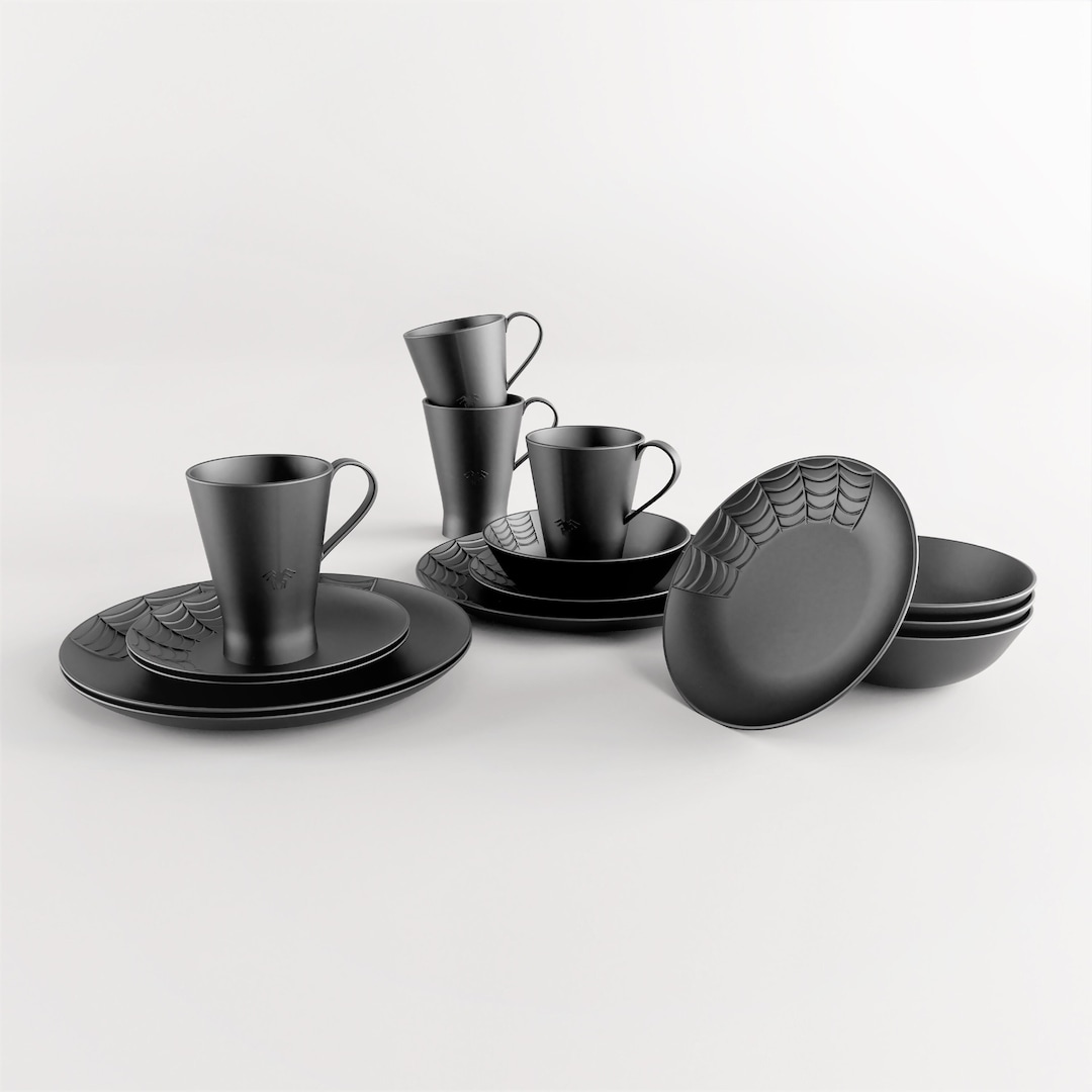 Spiderwebembossed Gothic Dinnerware Set 16 Pieces Including Dinner and Salad Plates, Bowls