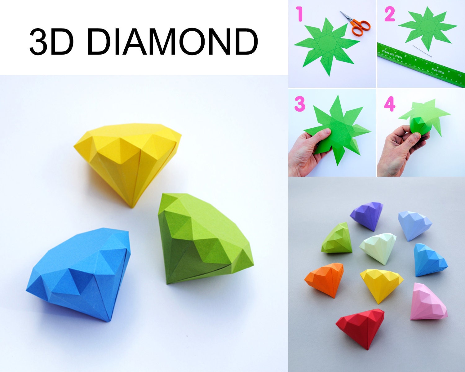3D paper diamonds 3D Papercraft PDF diamond Template Etsy