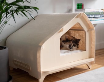 Caseta de madera Rawry para gatos y perros pequeños / Incluye madera contrachapada, techo de fieltro y cojín de espuma viscoelástica.