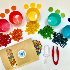 May include: A sensory play set with rainbow-coloured pasta, felt circles, and small candies. Includes red, orange, yellow, green, and blue bowls, a clear scoop, and red tongs. A brown paper bag with a logo is also included.