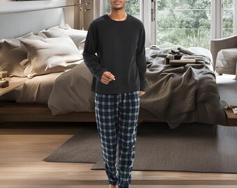Saneshoppe Mens Long Sleeve Pyjama Sets Luxury Thermal Fleece Pjs Loungewear in Black Check. Etsy