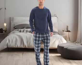 SaneShoppe - Conjunto de pijama para hombre, parte superior de forro polar térmico, 100 % algodón, pantalones a cuadros, ropa de descanso
