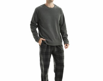 SaneShoppe Pack of 1, 2 Mens Thermal Fleece Pyjama Set Grey, Check Bottom Luxury Loungewear 180 Gsm