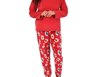 Conjunto de pijama de polar térmico suave para mujer, ropa de dormir de manga larga, rojo/azul