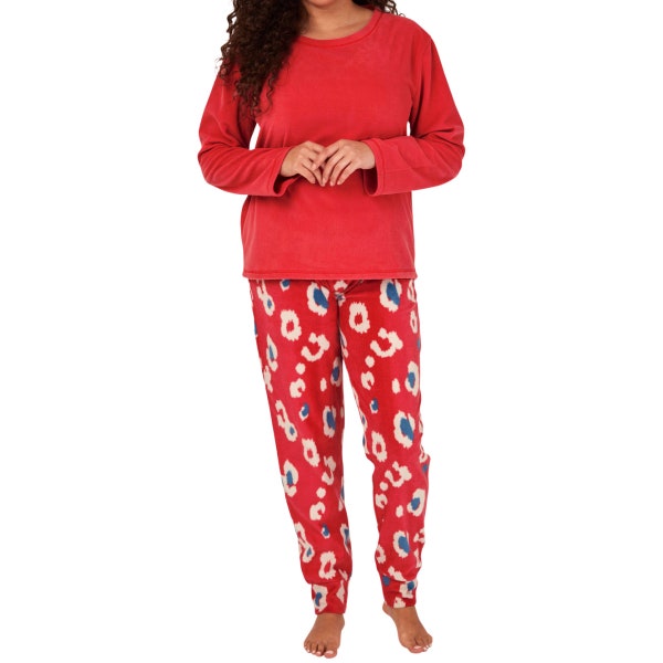 Womens Soft Thermal Fleece Pyjama Set, Long Sleeve Nightwear Red/ Blue