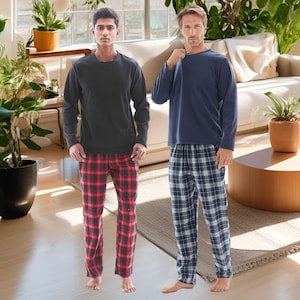 SaneShoppe Mens Pyjama Sets: Fleece Top and Pure Cotton Red Check Bottom Pants Loungewear.