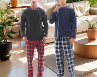 SaneShoppe - Conjunto de pijama para hombre, parte superior de forro polar térmico, 100 % algodón, pantalones a cuadros, ropa de descanso