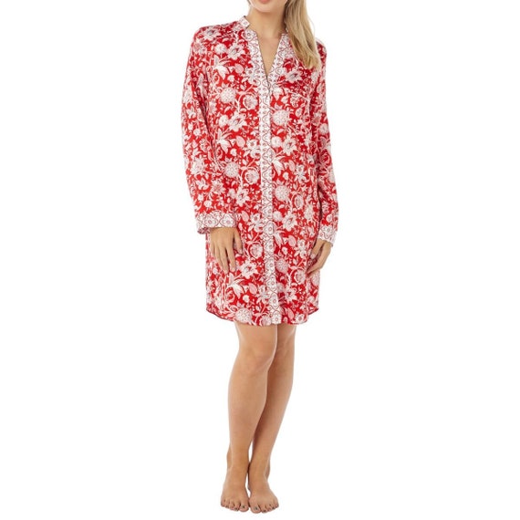 Women s Satin Nightshirt Button Down Printed Floral Navy Red Sleepwear Etsy UK