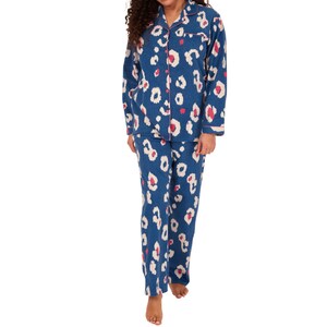 Peut inclure: Ensemble pyjama bleu et blanc avec un imprimé léopard rose. Le haut a un devant boutonné et des manches longues. Le pantalon est long et a une coupe décontractée.