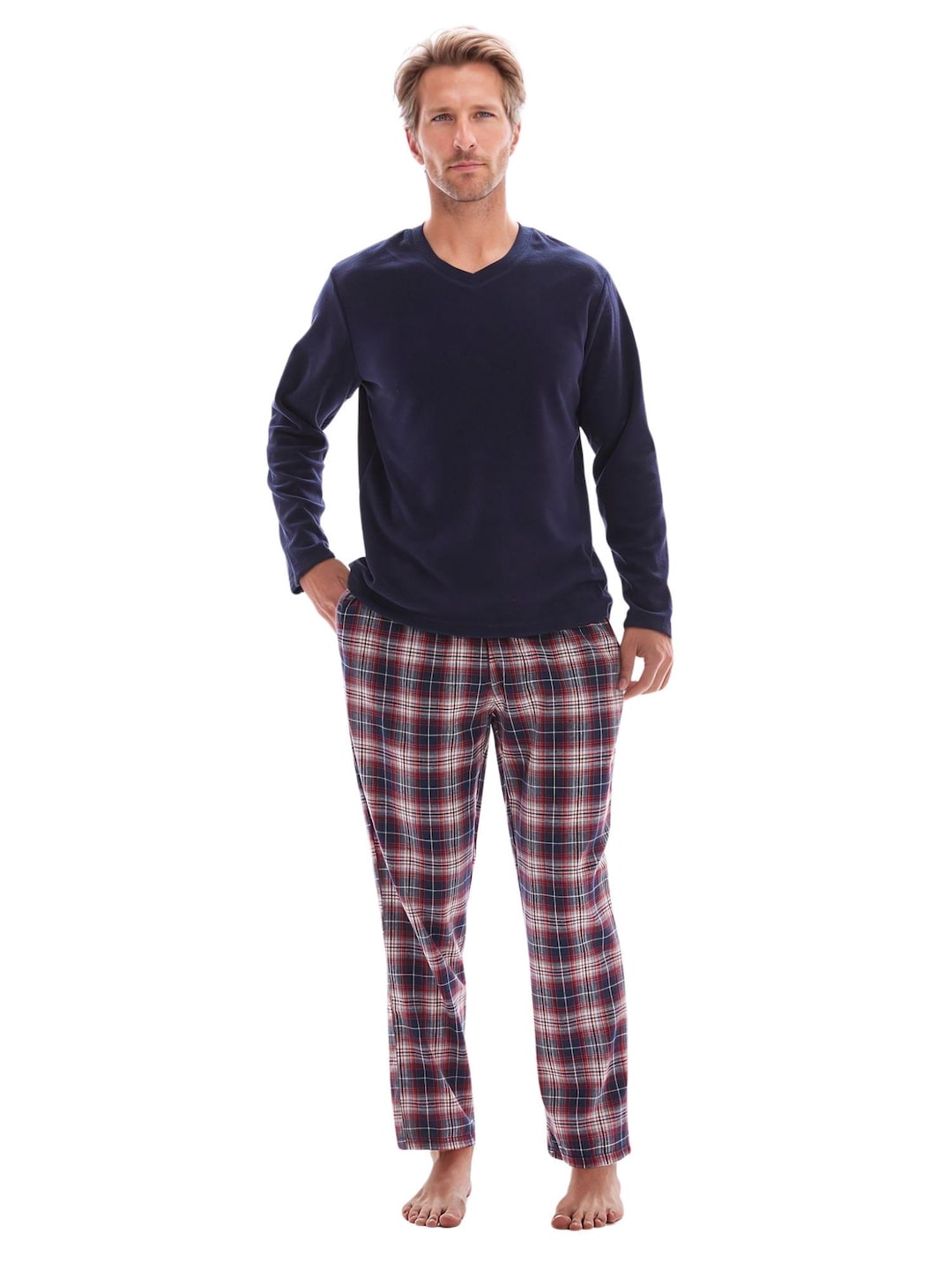 Saneshoppe Mens Pyjama Set: Thermal Fleece Top, 100% Cotton Bottoms, Blue 
