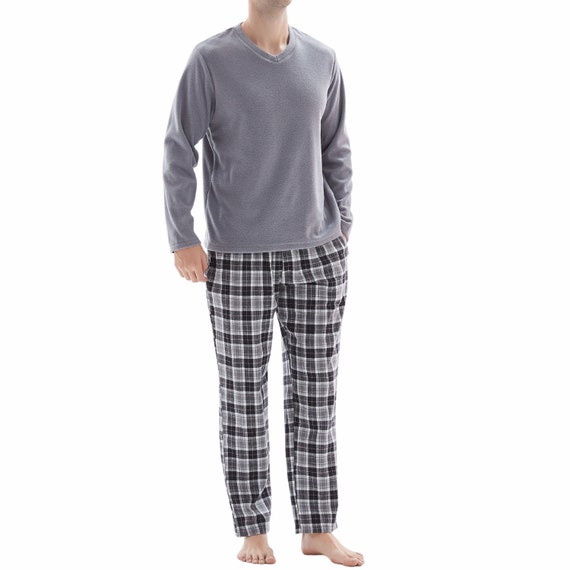 Mens Fleece Pajamas Long Sleeve Microfleece Check Pajama Set PJs Nightwear  