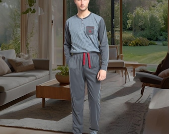 Pijama de polar a rayas grises para hombre, manga larga, para estar en casa