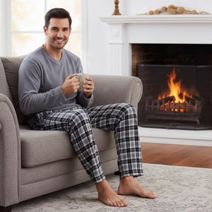 SaneShoppe Ensemble de pyjama pour homme avec haut en polaire thermique, 100 % coton à carreaux
