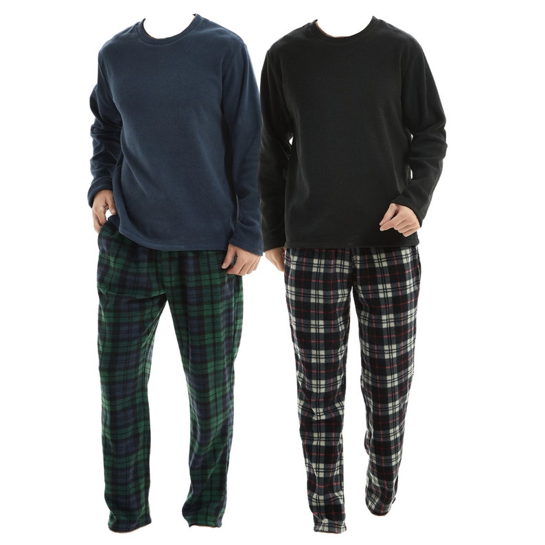 SaneShoppe 2 Pack Mens Thermal Fleece Pyjama Set, Warm Check Bottom, Loungewear 180 Gsm