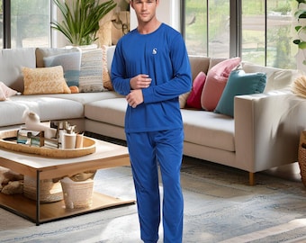 Conjunto de pijama de lujo azul estilo jogger para hombre de SaneShoppe, de tejido cepillado.