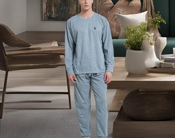 Mens Brushed Grey Long Sleeve Loungewear Jogger Style Set