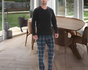SaneShoppe - Conjunto de pijama para hombre, parte superior de forro polar térmico, 100 % algodón, pantalones a cuadros, ropa de descanso