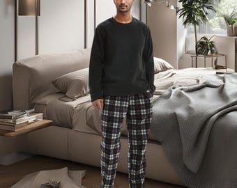 Mens Thermal Fleece Pajama Set: Black Check Loungewear