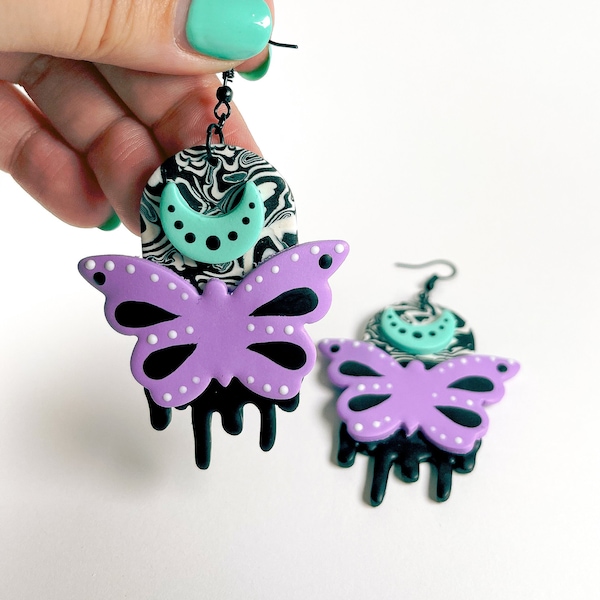 Purple Butterfly Earrings | Trippy Aesthetic | Pastel Goth | Surreal Wearable Art | Witchy | Moon