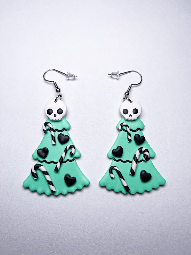 Mint Green Spooky Skull Christmas Tree Earrings  Gothmas  image 1