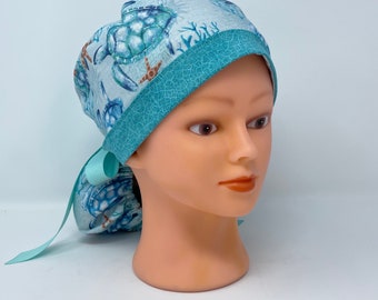 Sea Turtles and Starfish Ponytail Scrub Cap