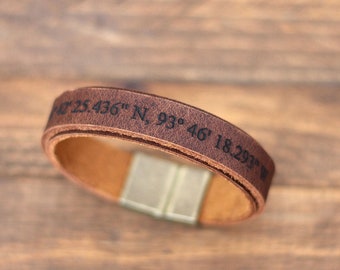 Secret Message Engraved Personalized Coordinate Bracelet, Leather Anniversary Gift for Husband, Mens Leather Bracelet, Gift for Couples