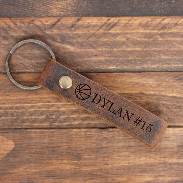 Custom Basketball Keychain, Personalized Leather Engraved Sports Keychain, Basketball Team Keychain, Coach Gifts, Custom Keyring