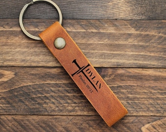 Personalized Nailed Cross Keychain, Custom Leather Keychain with Name and Bible Verse, Christian Gift for Men, Religious Keychain