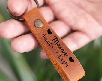 Personalized Leather Mom Keychain with Kids Name, Custom Mama Keychain, Mother's Day Gift, Engraved Kids Name Keychain