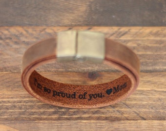 Graduation Gift for Him, Personalized Leather Bracelet, Secret Message Leather Engraved Bracelet, Gift for Son, Wide Leather Cuff,