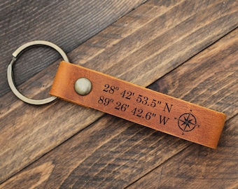 Personalized Leather Custom Coordinate Keychain, GPS Coordinates Custom Keychain, Anniversary Gift for Boyfriend, Valentine's Day Gift