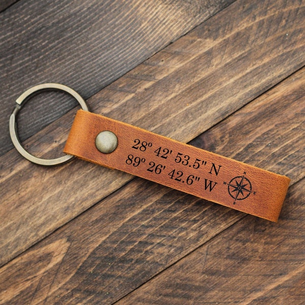 Personalized Leather Custom Coordinate Keychain, GPS Coordinates Custom Keychain, Anniversary Gift for Boyfriend, Valentine's Day Gift