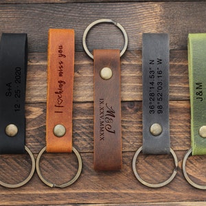 Personalized Leather Keychain, Couples Gift, Custom Keychain Coordinates, Date Initial Couples Gift, Gift for Him, Anniversary Gift