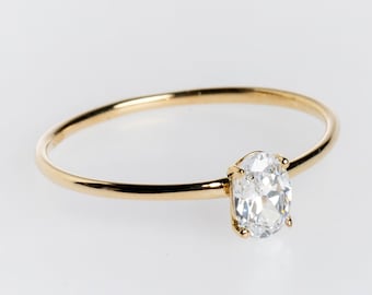 Tiny Band Simple Oval Cut Solitaire, 14k Real Solid Gold Promise Ring Diamond, Unique Engagement Diamond Solitaire, Mother's Day Sale, Gift