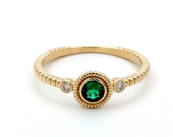 Thin Band Durable Emerald Ring, Real 14k Solid Gold Round Cut Natural Emerald Solitaire, Labor Day Sale, Beaded Band Diamond Emerald Ring