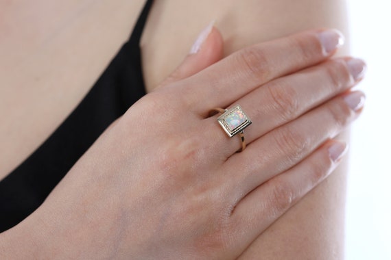 14k Solid Gold Rectangle Shaped Emerald Cut Genuine Opal Ring
