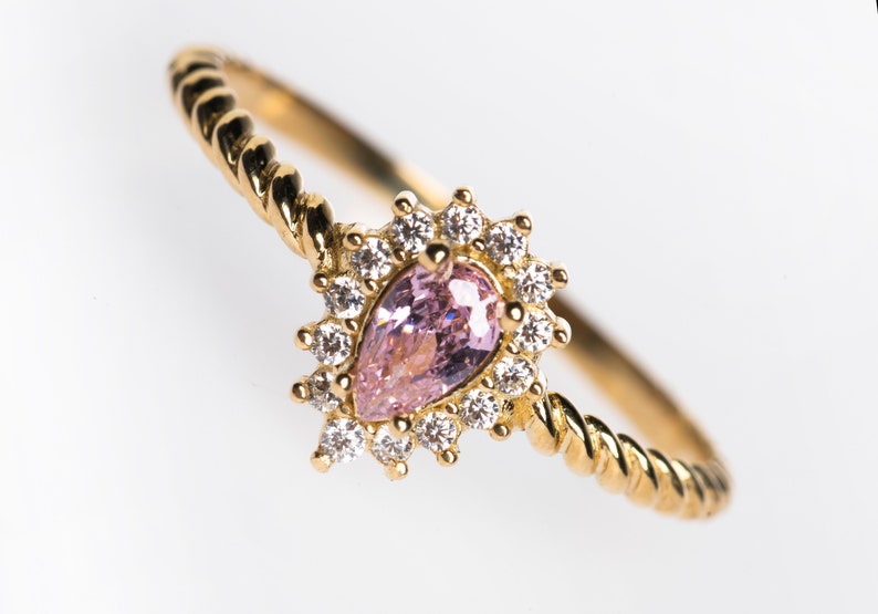 Pink Sapphire Dainty 14k Gold Minimal Ring Sapphire Jewelry Pink Sapphire Ring Cluster Ring Black Friday Sale Pear Cut Sapphire Ring