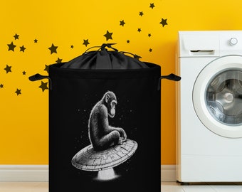 Gesloten wasmand, UFO-emmer voor vuile kleding, zwart-witte vliegende schotel badkamerdecoratie. Emmer met sluiting voor wastouw