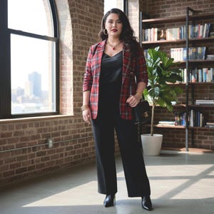 Plus Size Red Plaid Blazer Women 2XL-3XL-4XL-5XL | Black Lapel Checkered Jacket with Pockets | Curvy Fall Winter Coat for Work & Casual image 12