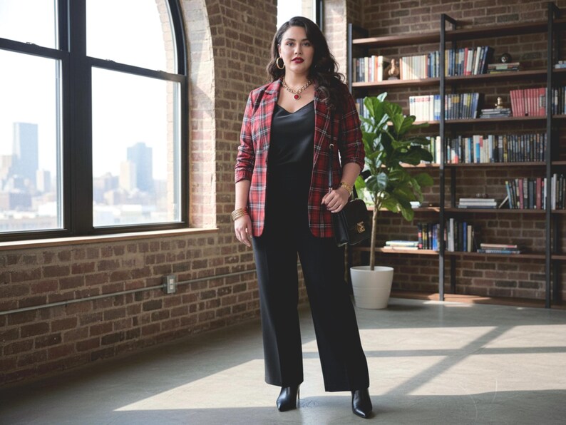 Plus Size Red Plaid Blazer Women 2XL-3XL-4XL-5XL | Black Lapel Checkered Jacket with Pockets | Curvy Fall Winter Coat for Work & Casual image 12