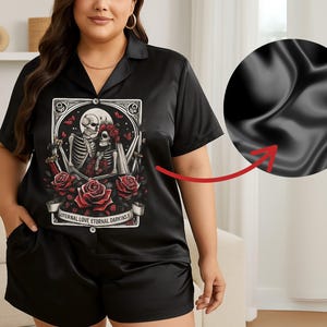 Plus Size Gothic Satin Pajama Set Women | Eternal Love Skeleton Print | Summer Sleepwear 2-Piece Nightwear Loungewear