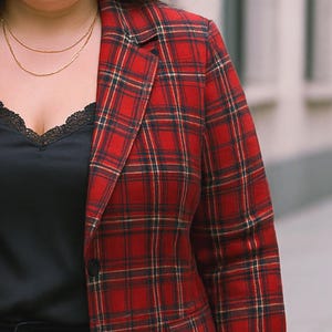 Plus Size Red Plaid Blazer Women 2XL-3XL-4XL-5XL | Black Lapel Checkered Jacket with Pockets | Curvy Fall Winter Coat for Work & Casual image 4