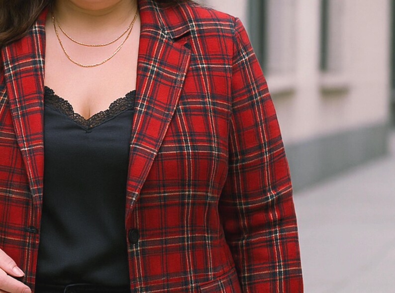 Plus Size Red Plaid Blazer Women 2XL-3XL-4XL-5XL | Black Lapel Checkered Jacket with Pockets | Curvy Fall Winter Coat for Work & Casual image 4