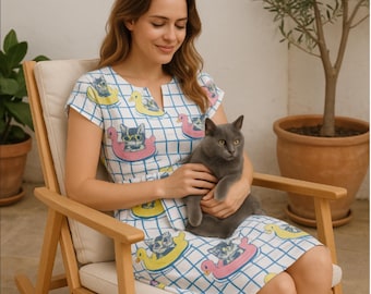Vestido mujer con manga murciélago, vestido gatos en flotadores de pato con cinturón y cuello en V. Vestido sin botones estilo años 80