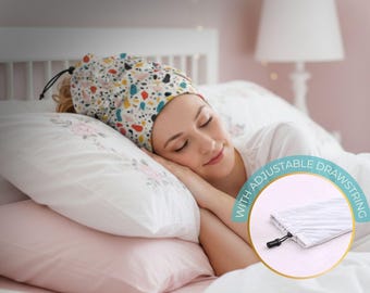 Schlafhaube für lockiges Haar / Lockenschutz mit verstellbarem Kordelzug / Lockenaccessoires / Haube im Terrazzo-Design / Kein Frizz