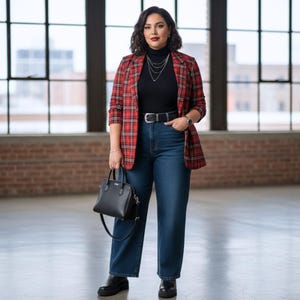 Plus Size Red Plaid Blazer Women 2XL-3XL-4XL-5XL | Black Lapel Checkered Jacket with Pockets | Curvy Fall Winter Coat for Work & Casual image 2