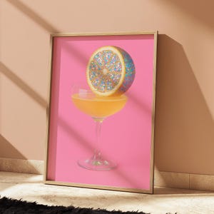 Digital orange cocktail print pop art, vibrant drink on pink background, fun bar kitchen wall decor, modern colorful poster