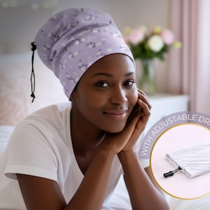 Purple curly hair buff protector / Loc Shock  for sleeping with adjustable drawstring. Haircare accessories. Bonnet/ Hair sleeve for frizz