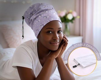 Gorro violeta protector de rizos/ Protector rizos y ondas para dormir con cordón ajustable/Accesorios para el cabello rizado/ No más frizz /