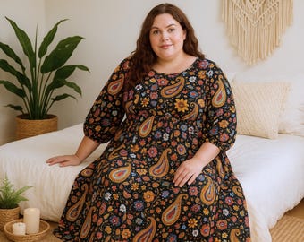 boho maxi dress xl Women's Boho Geometric Print Puff Sleeve A-Line Maxi Dress 3 Colors SXL Peacock Blue / XL